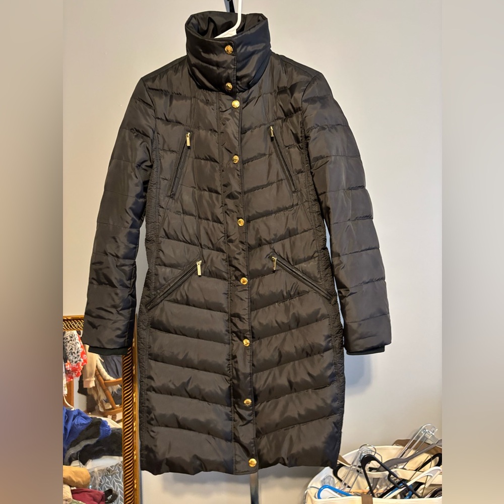 Michael Kors Women's Long‎ Puffer Coat Size small black with gold see pics*